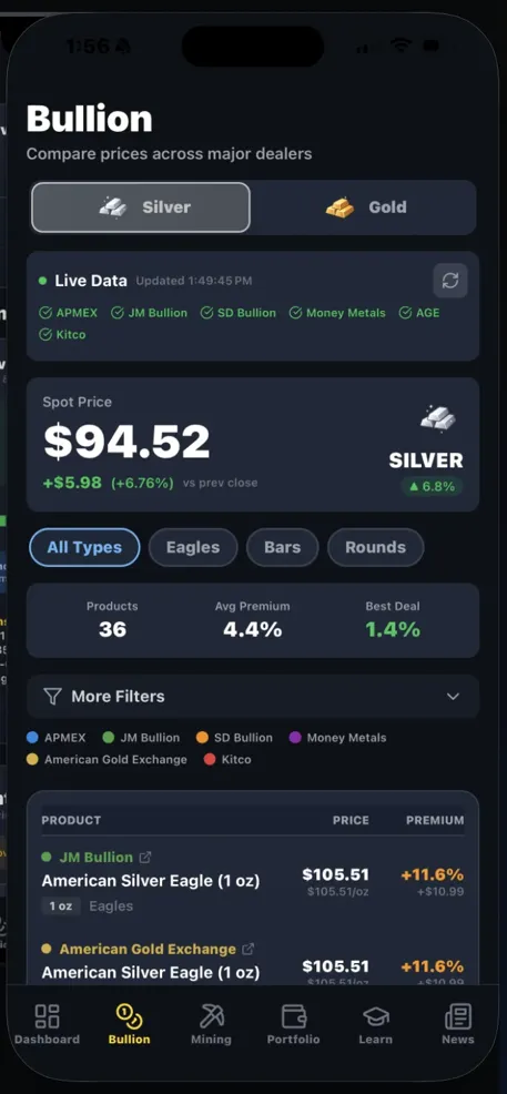 App screenshot: bullion dealer prices screen