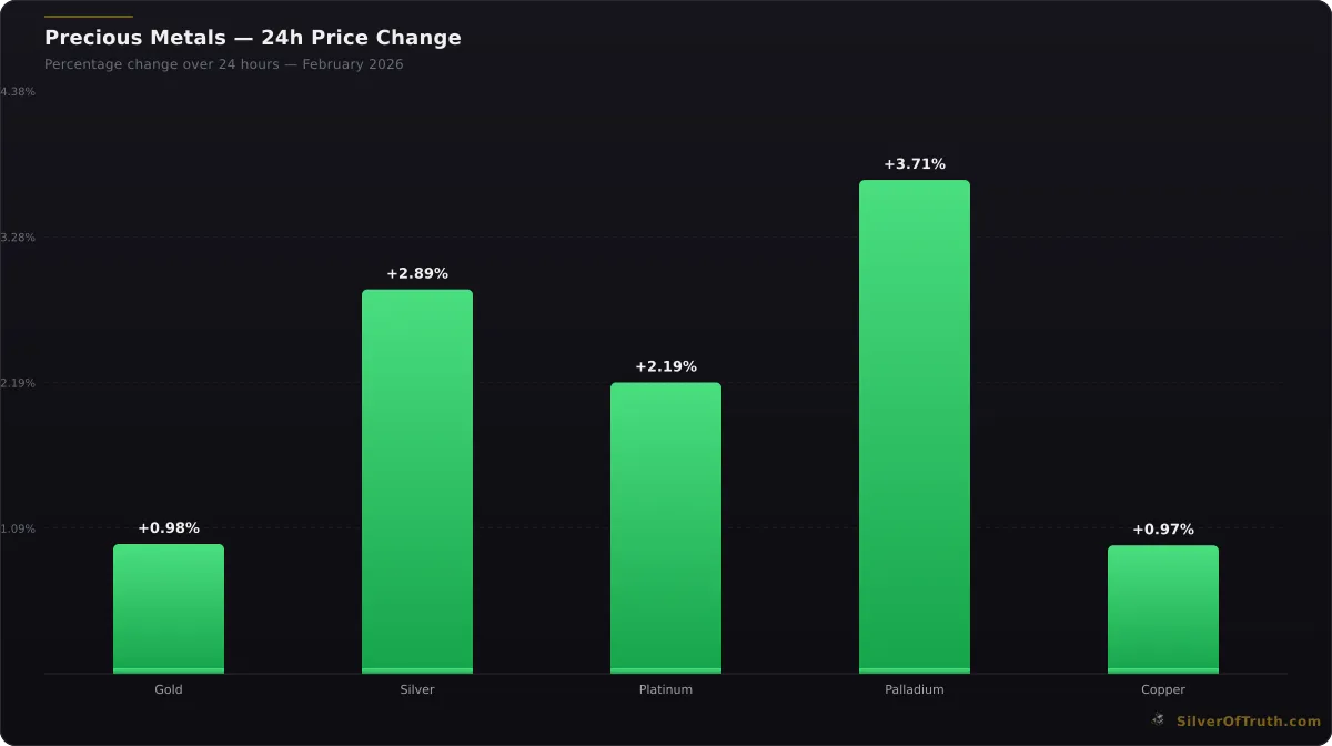 Precious metals 24-hour price change comparison chart for gold silver platinum palladium copper - SilverOfTruth data February 2026