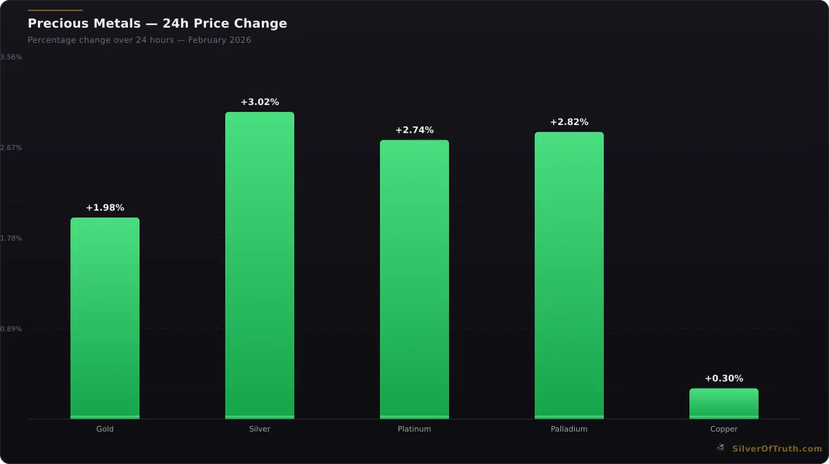Precious metals 24-hour price change comparison chart for gold silver platinum palladium copper - SilverOfTruth data February 2026
