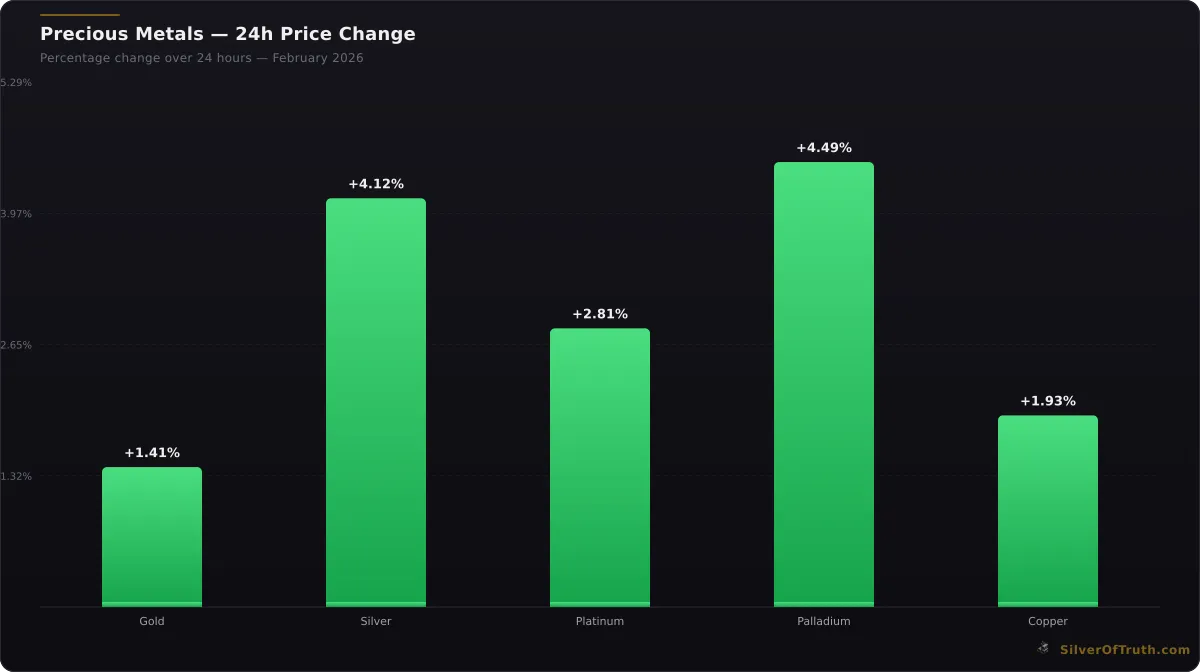 Precious metals 24-hour price change comparison chart for gold silver platinum palladium copper - SilverOfTruth data February 2026