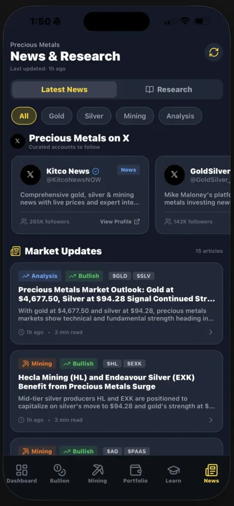 App screenshot: precious metals news feed
