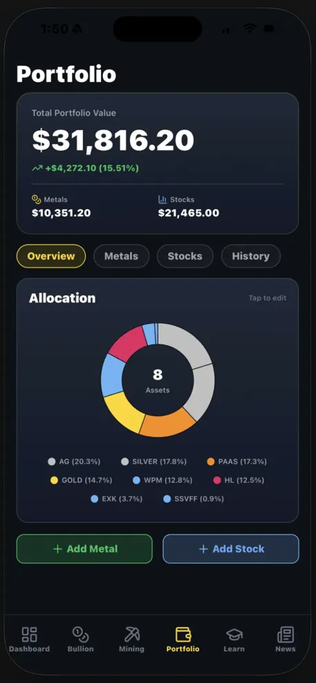 App screenshot: portfolio tracker screen